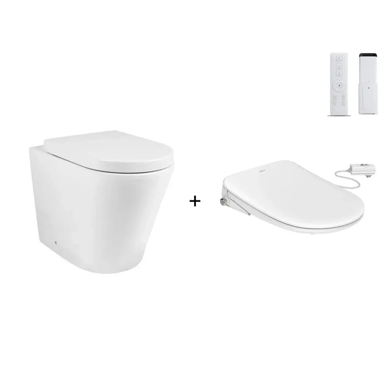 ATTICA GAIA WASHLET W/ REMOTE CONTROL AND INSPIRE ALZANO RIMLESS WALL FACED TOILET PACKAGE D-SHAPE GLOSS WHITE - FIL Kitchen Bathroom