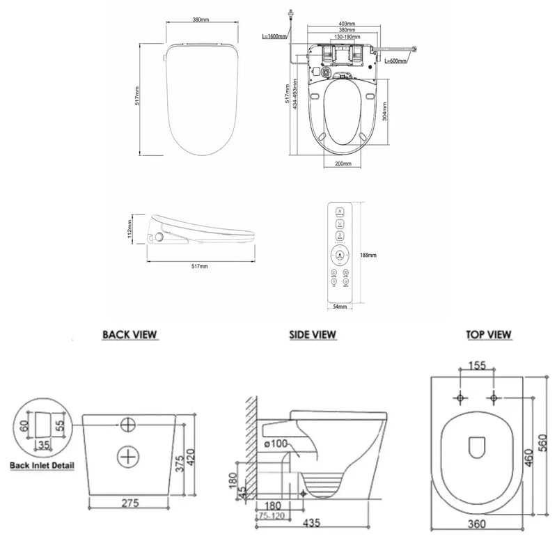 ATTICA GAIA WASHLET W/ REMOTE CONTROL AND INSPIRE ALZANO RIMLESS WALL FACED TOILET PACKAGE D-SHAPE GLOSS WHITE - FIL Kitchen Bathroom