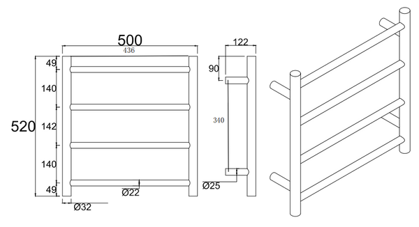 Round  Electric Heated Towel Rack 4 Bars Chrome and Colours