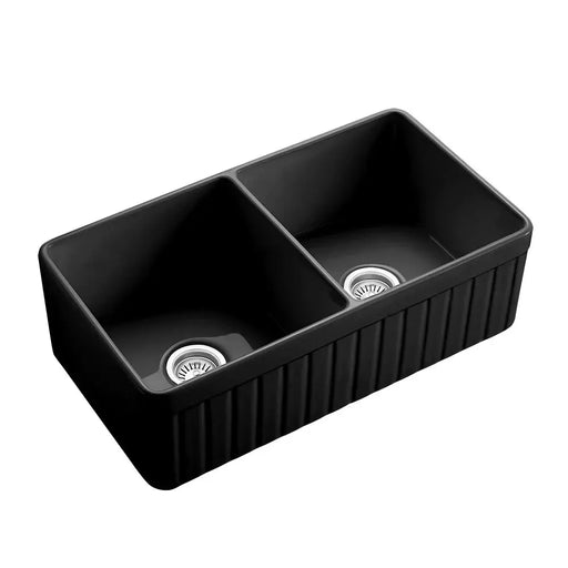 DOUBLE BOWL FIRECLAY KITCHEN SINK GLOSS WHITE/MATTE BLACK 838MM CETO
