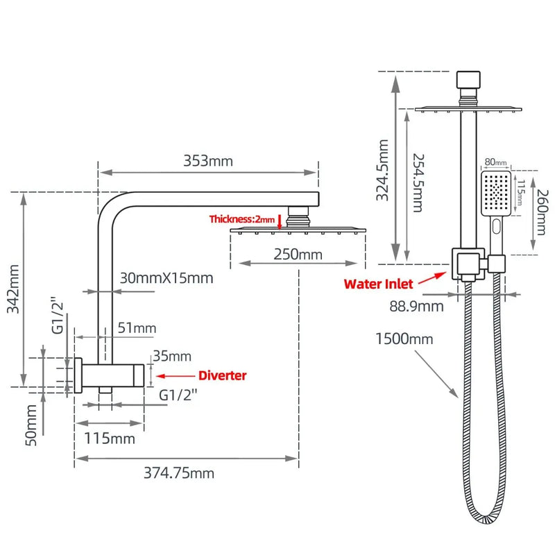 10" Square Black Shower Station Top Water Inlet - FIL Kitchen Bathroom