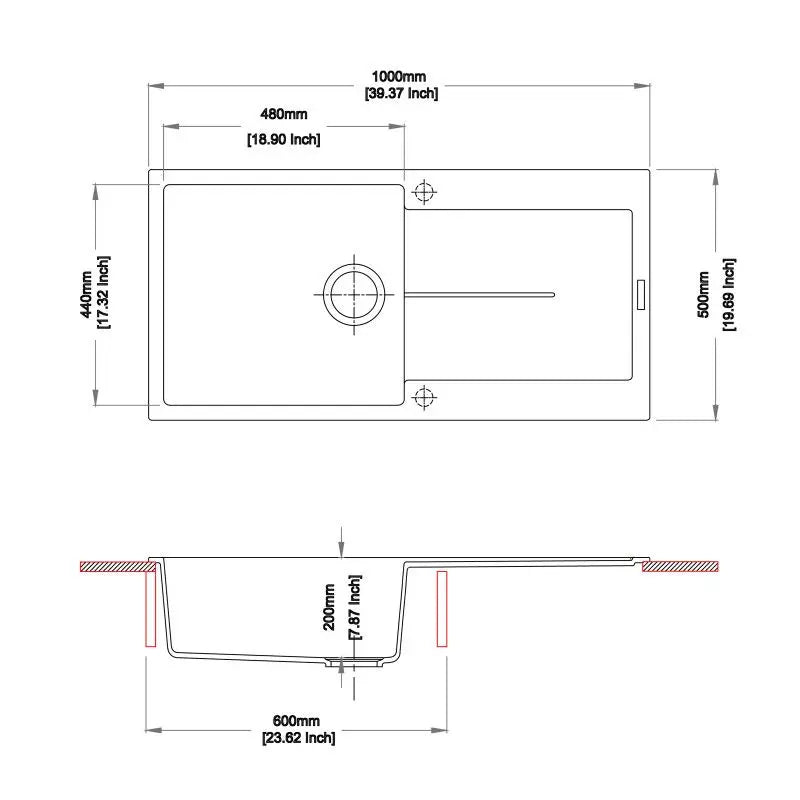 1000 x 500 x 200mm Carysil Black/White Single Bowl With Drainer Board Granite Kitchen Sink Top Mount - FIL Kitchen Bathroom