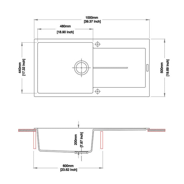 1000 x 500 x 200mm Carysil Black/White Single Bowl With Drainer Board Granite Kitchen Sink Top Mount - FIL Kitchen Bathroom