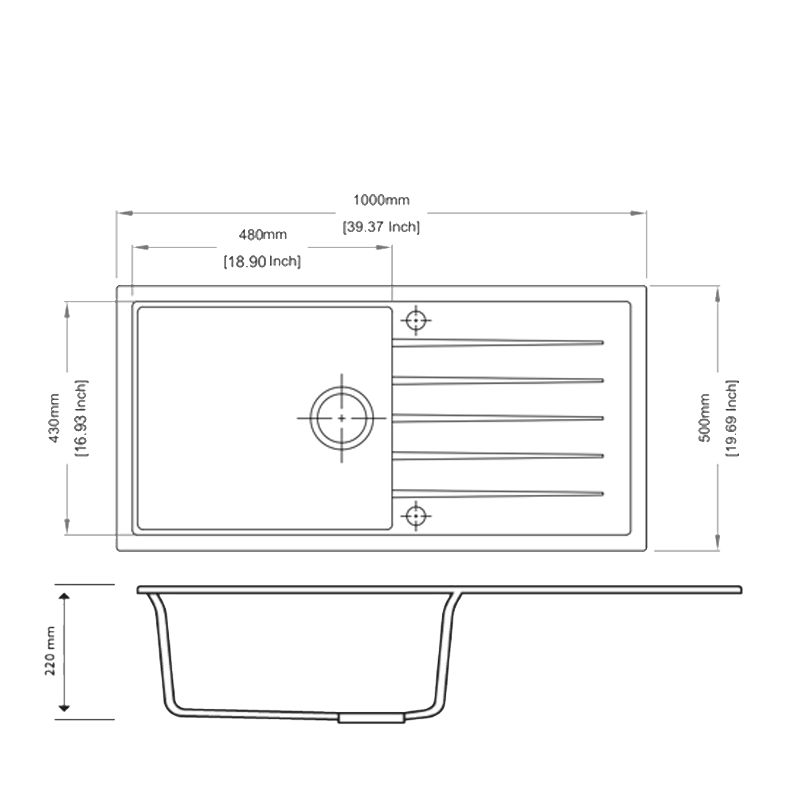 1000 x 500 x 220mm Carysil Black/White/Grey Single Bowl With Drainer Board Granite Kitchen Sink Top/Flush/Under Mount - FIL Kitchen Bathroom