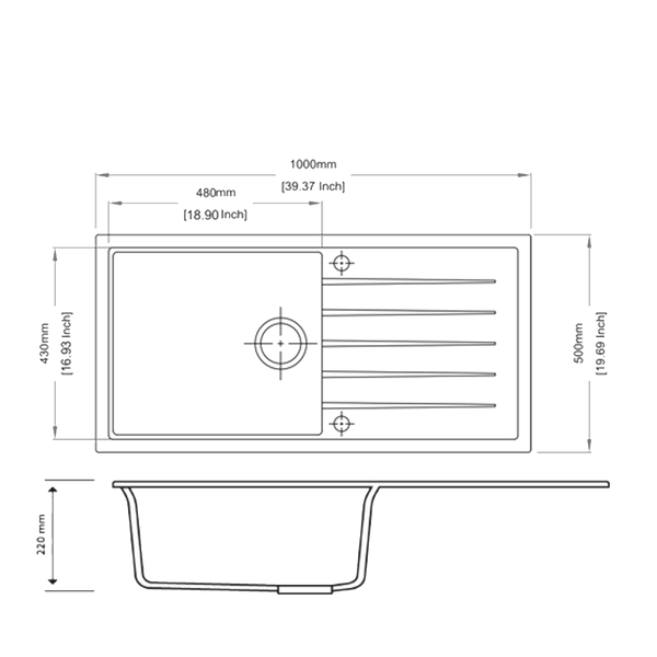 1000 x 500 x 220mm Carysil Black/White/Grey Single Bowl With Drainer Board Granite Kitchen Sink Top/Flush/Under Mount - FIL Kitchen Bathroom