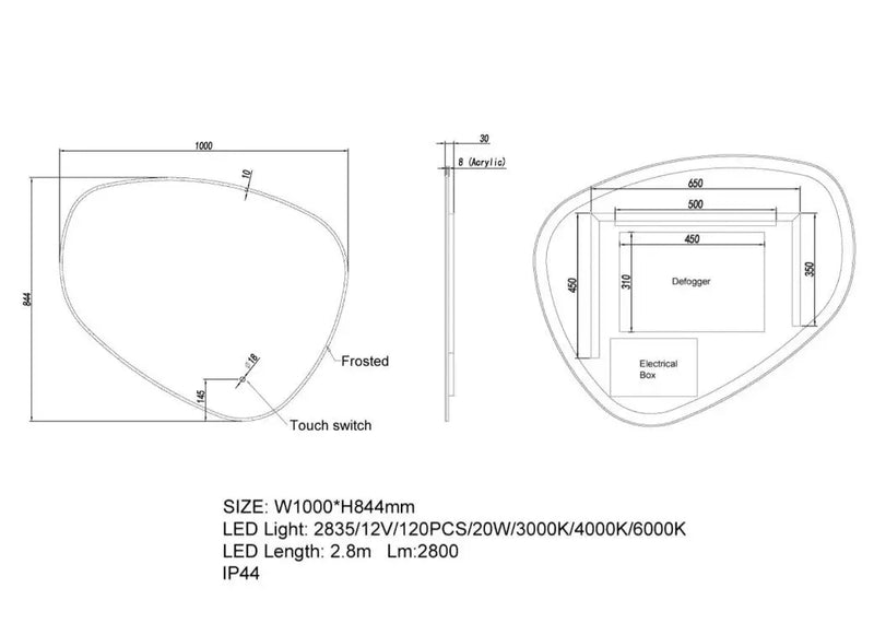 1000*844mm 3 Color Lighting Asymmetrical Acrylic LED Mirror Touch Sensor Switch - FIL Kitchen Bathroom