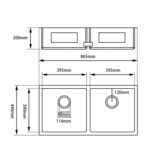 1.2mm 865x440x200mm Handmade Double Bowls Top/Undermount Kitchen Sink Round Corner - FIL Kitchen Bathroom