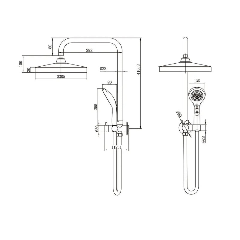 Amoza Twin Shower Kit Less Showers - dimensions
