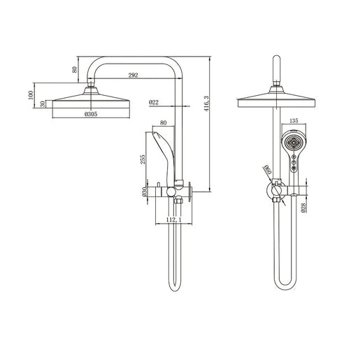 Amoza Twin Shower Kit Less Showers - dimensions