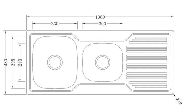 1.5 RADIUS CORNER KITCHEN SINK 8MM STEEL 1080X480X170MM - FIL Kitchen Bathroom