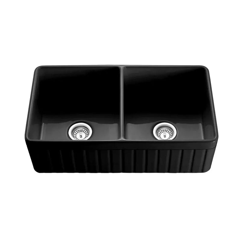 DOUBLE BOWL FIRECLAY KITCHEN SINK GLOSS WHITE/MATTE BLACK 838MM CETO