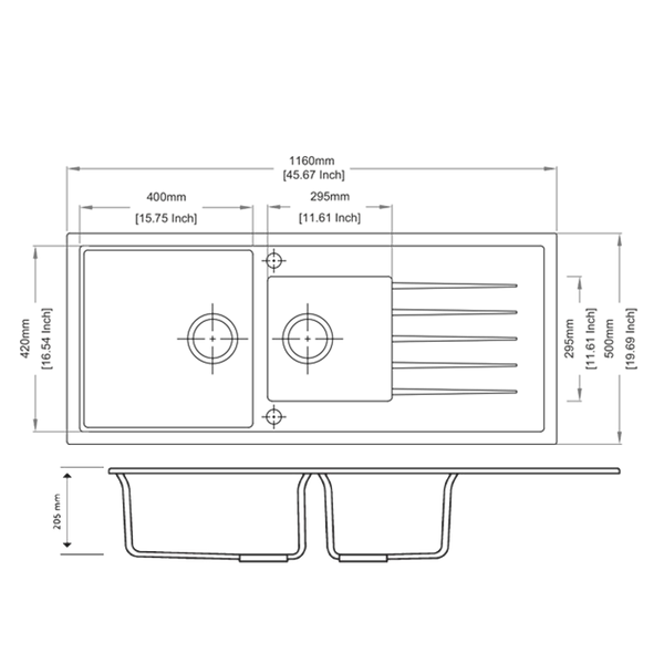 1160 x 500 x 205mm Carysil Black/White/Grey 1 and A Half Bowl With Drainer Board Granite Kitchen Sink Top/Flush/Under Mount