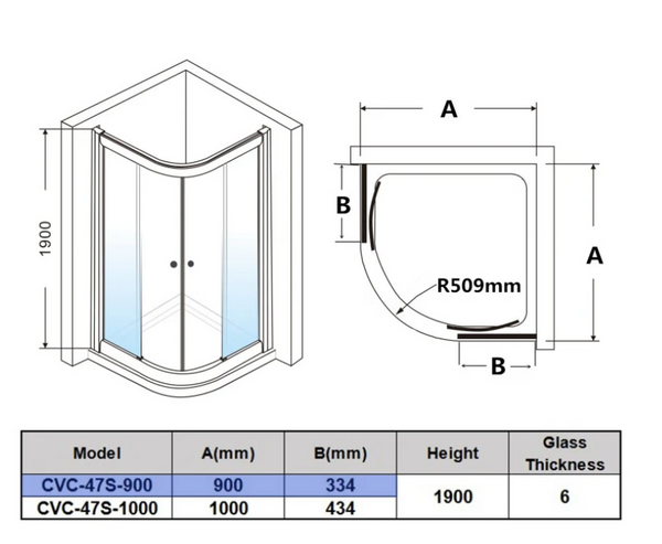 Semi-Frame Curved Double Sliding Door (900mm round)