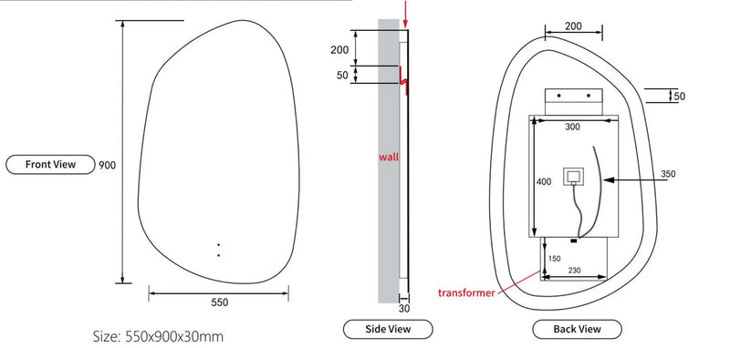 LED Frameless Mirror Asymmetric 550mm - FIL Kitchen Bathroom