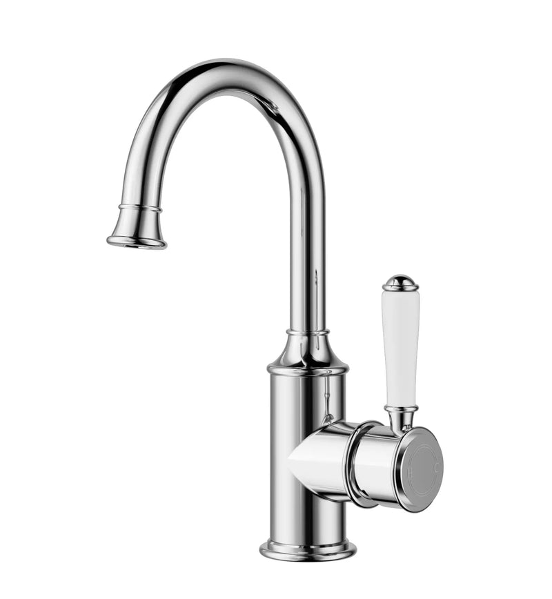 IKON Clasico Gooseneck Basin Mixer Chrome/Brushed Nickel/Brushed Gold/Matt Black (CERAMIC HANDLE) - FIL Kitchen Bathroom