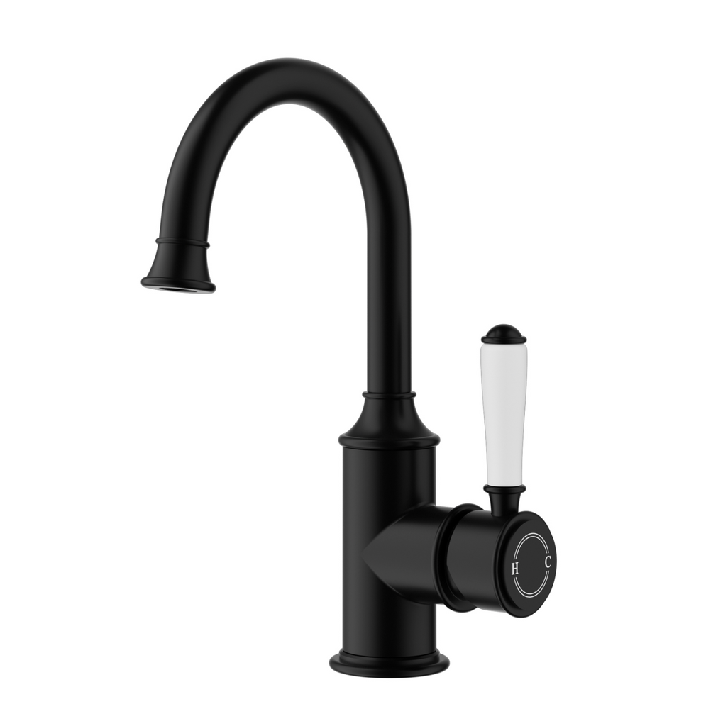 IKON Clasico Gooseneck Basin Mixer Chrome/Brushed Nickel/Brushed Gold/Matt Black (CERAMIC HANDLE)