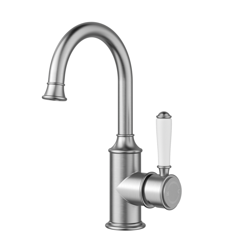 IKON Clasico Gooseneck Basin Mixer Chrome/Brushed Nickel/Brushed Gold/Matt Black (CERAMIC HANDLE)