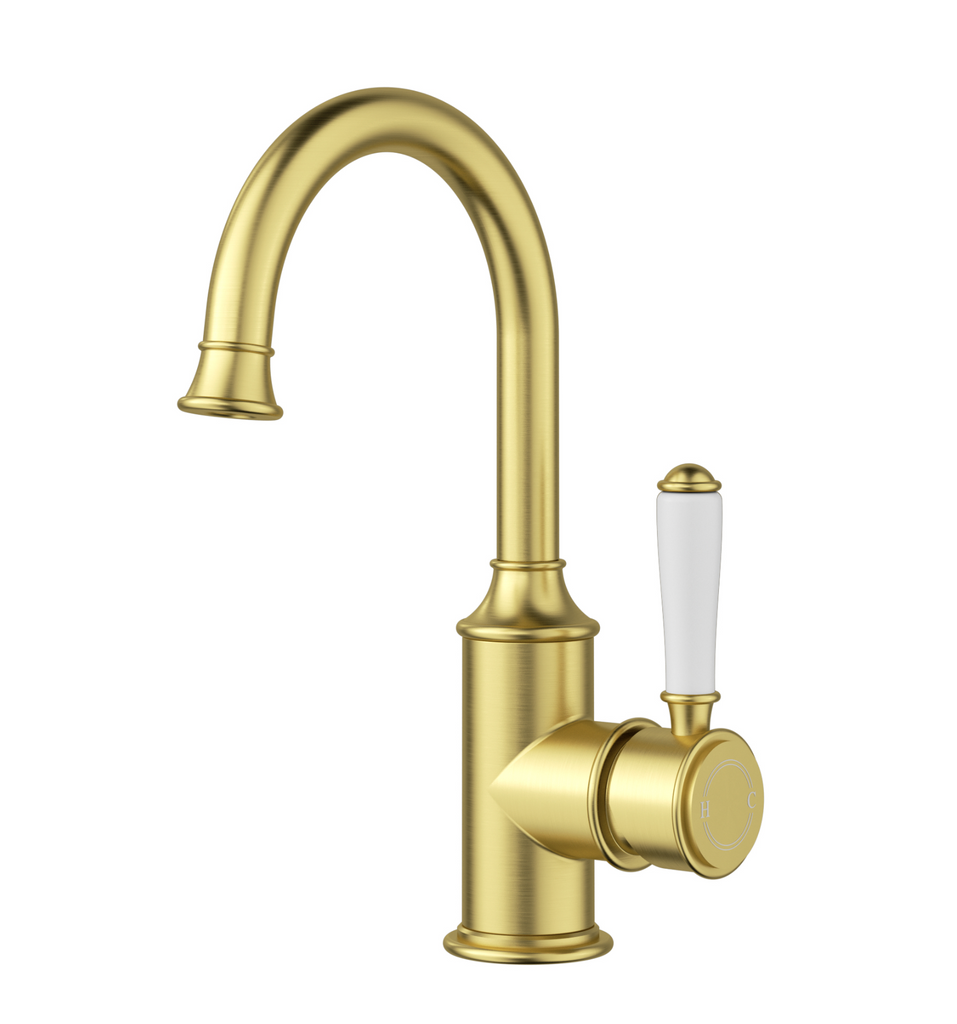 IKON Clasico Gooseneck Basin Mixer Chrome/Brushed Nickel/Brushed Gold/Matt Black (CERAMIC HANDLE)