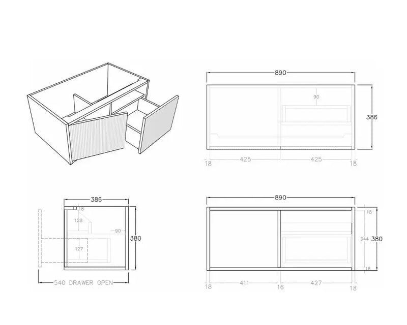 Bellevue Ensuite Slim Wall Hung Vanity Prime Oak 900X386X380mm/1200X386X380mm - FIL Kitchen Bathroom