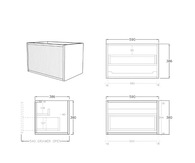 Bellevue Ensuite Slim Wall Hung Vanity Prime Oak 590X386X380mm/740X386X380mm/1500X386X380mm - FIL Kitchen Bathroom