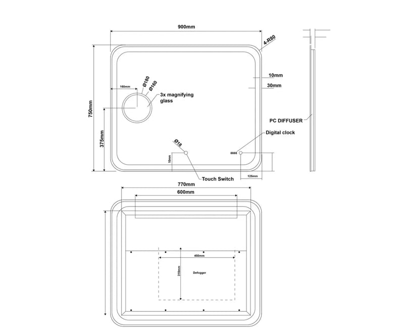 Rectangle Frameless Mirror with Magnifier and Digital Clock 900x750mm/1200x800mm/1500x800mm - FIL Kitchen Bathroom