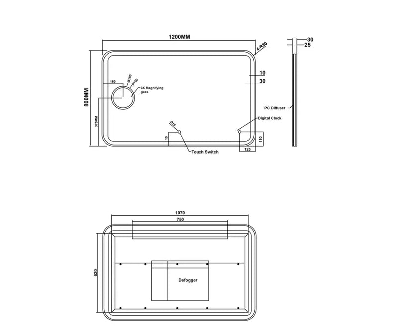 Rectangle Frameless Mirror with Magnifier and Digital Clock 900x750mm/1200x800mm/1500x800mm - FIL Kitchen Bathroom