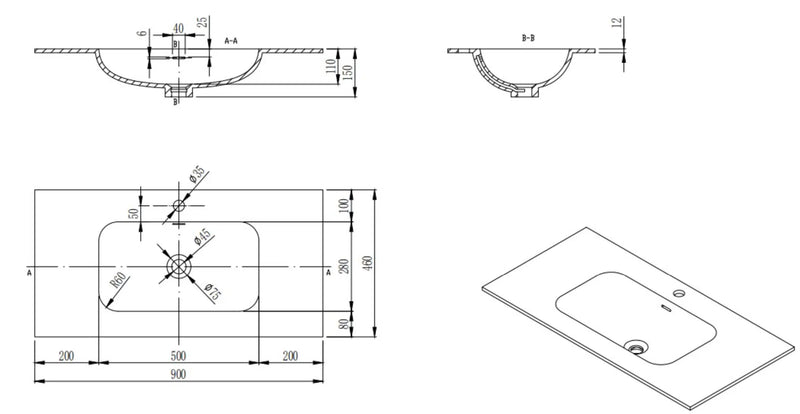 Chiefly Solid Surface Stone Top Matt Black 600mm/750mm/900mm/1200mm/1500mm - FIL Kitchen Bathroom