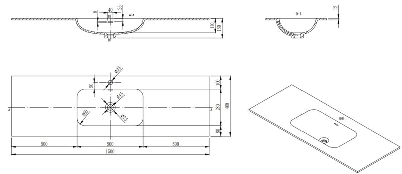 Chiefly Solid Surface Stone Top Matt Black 600mm/750mm/900mm/1200mm/1500mm - FIL Kitchen Bathroom