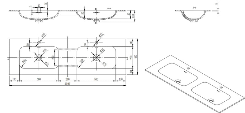 Chiefly Solid Surface Stone Top Matt Black 600mm/750mm/900mm/1200mm/1500mm - FIL Kitchen Bathroom