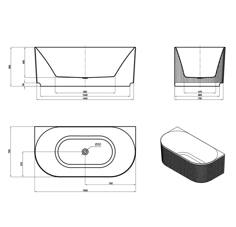 Attica Havana 1500 BTW Multi-fit Fluted Bath with Overflow otti