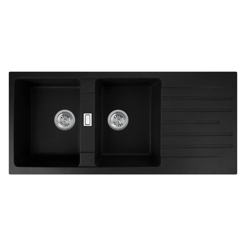 1160*500*200mm Black Granite Quartz Stone Kitchen Sink Double Bowls Drainboard Top/Undermount FIL Kitchen Bathroom