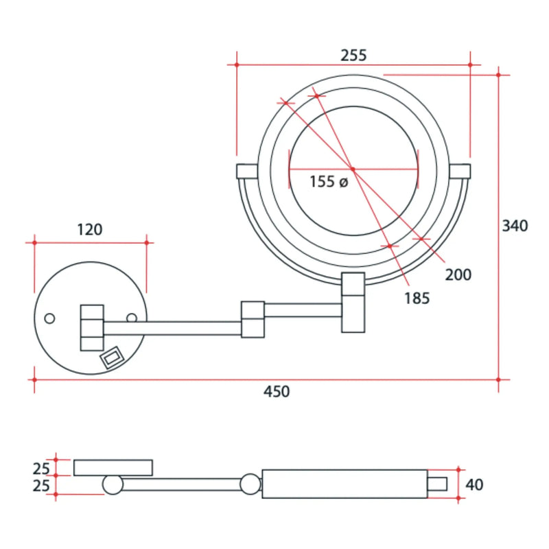 THERMOGROUP ABLAZE ROUND 1 & 8X MAGNIFICATION MIRROR WITH LIGHT CHROME 155MM - FIL Kitchen Bathroom