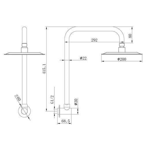 Amoza Gooseneck Shower Arm - dimensions