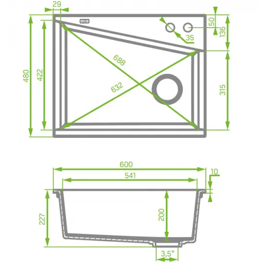 Laveo 470*600*227mm Grey Granite Stone Sink Single Bowl(including Space Saving Siphon and Button-controlled Plug) FIL Kitchen Bathroom