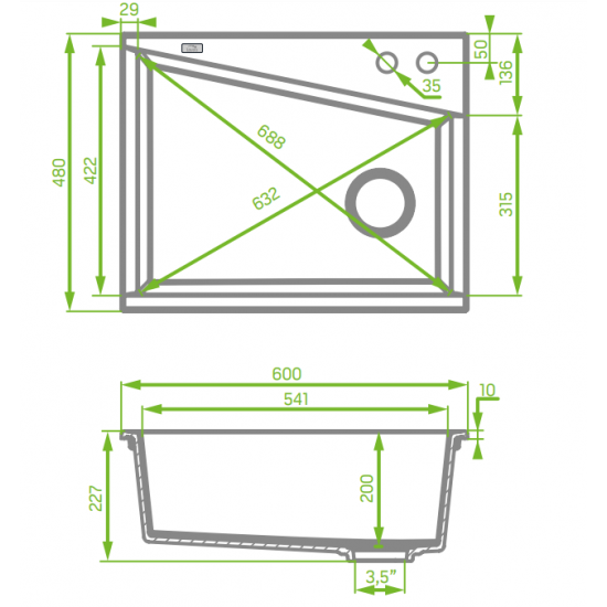 Laveo 470*600*227mm Grey Granite Stone Sink Single Bowl(including Space Saving Siphon and Button-controlled Plug)