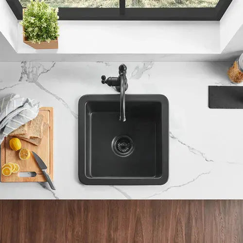 SINGLE BOWL FIRECLAY UNDERMOUNT KITCHEN SINK GLOSS WHITE/MATTE BLACK 457MM CETO