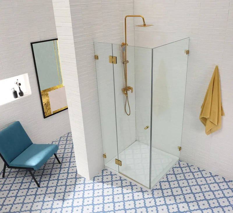 FRAMELESS HINGE DOOR WALL TO WALL CORNER PIVOT DOOR  BRUSHED GOLD FIL Kitchen Bathroom