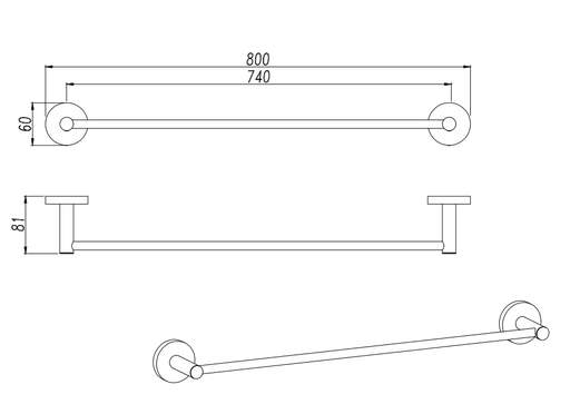 LUCID PIN Round Single Towel Rack Rail 800mm Chrome and Colours FIL Kitchen Bathroom