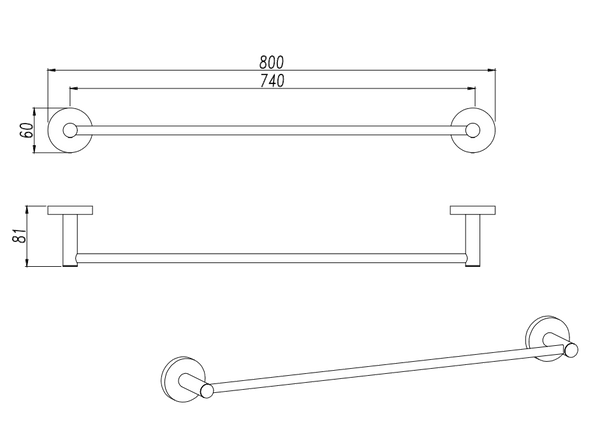 LUCID PIN Round Single Towel Rack Rail 800mm Chrome and Colours