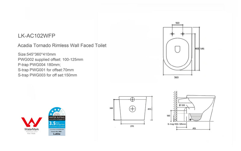 Acadia Tornado Rimless Wall Faced Floor Pan LK-AC102WFP/LK-AC102WFP-MW/LK-AC102WFP-MB