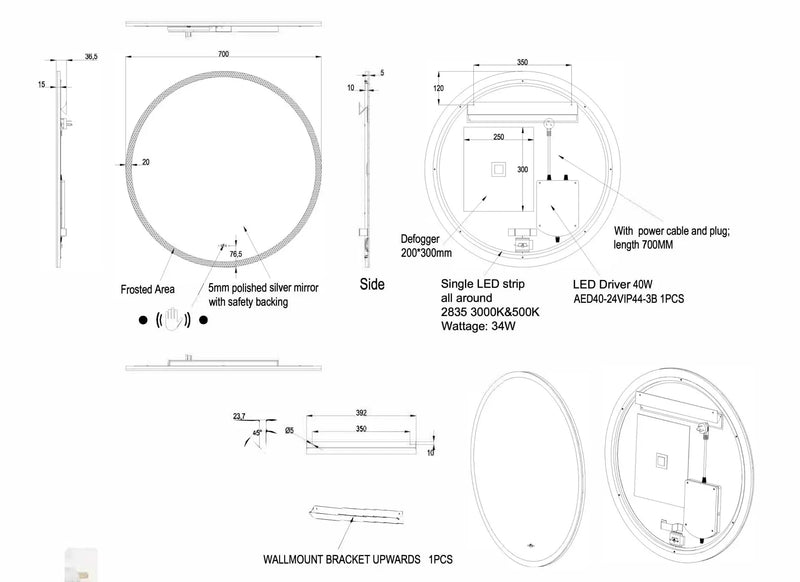 LED MIRROR ACRYLIC ROUND BACKLIT 3 COLOUR LIGHTS 700MM FIL Kitchen Bathroom