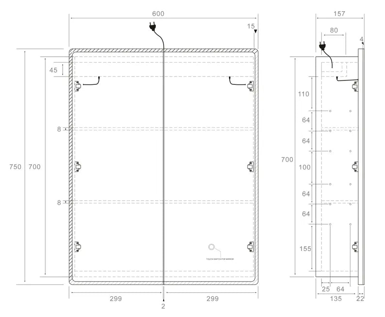 Avola LED Mirror Cabinet (MW/MB/MO/SO)  LK-ALMC600-3LIGHTS