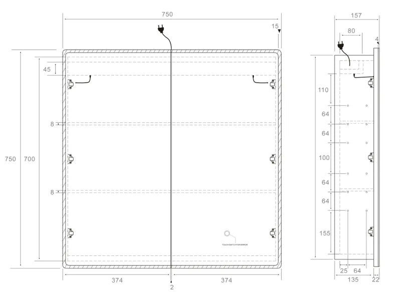 Avola LED Mirror Cabinet (MW/MB/MO/SO) LK-ALMC750-3LIGHTS