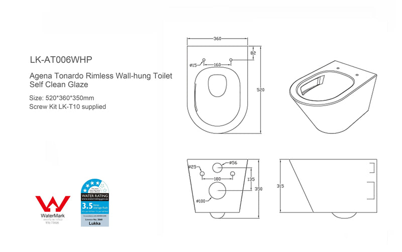 Agena Tonardo Rimless Flush Wall-hung Pan LK-AT006WHP/LK-AT006WHP-MW/LK-AT006WHP-MB