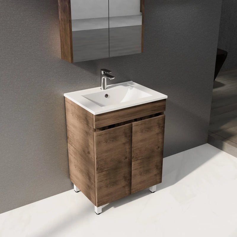 Dark Oak Wood Grain PVC Freestanding Vanity 600mm POSEIDON