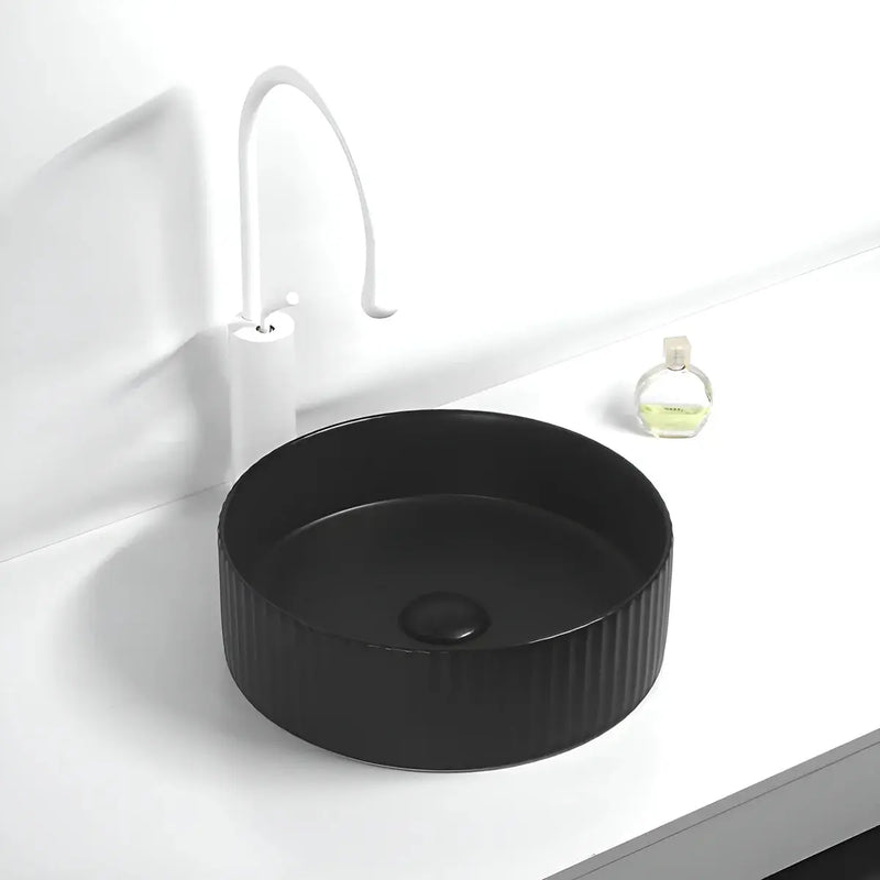 Fluted Above Counter  Round Basin Matte Black 360x360x115mm - FIL Kitchen Bathroom