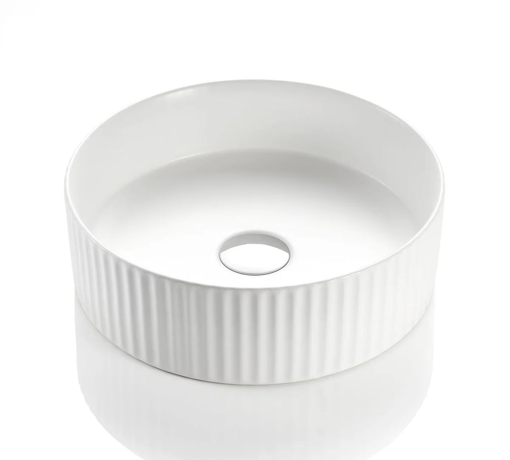 Fluted Above Counter Round Basin Gloss White/Matte White 360x360x115mm