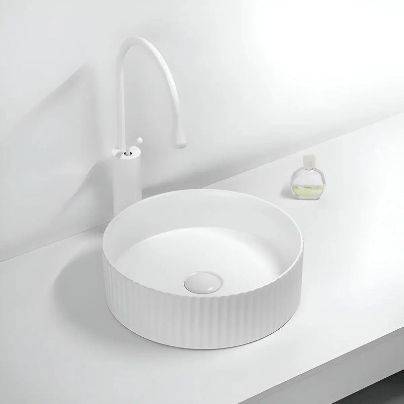 Fluted Above Counter Round Basin Gloss White/Matte White 360x360x115mm - FIL Kitchen Bathroom