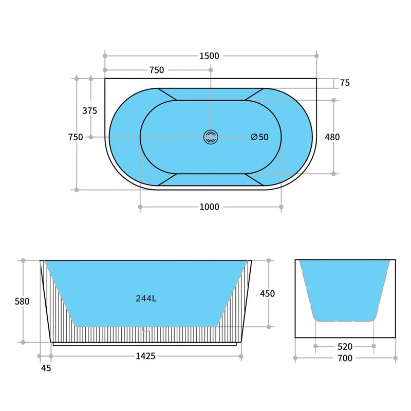 Bari Back to Wall FreeStanding Bathtub Matte Black 1500mm/1700mm - FIL Kitchen Bathroom