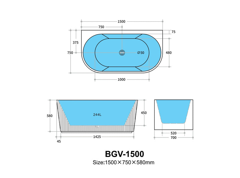 Poseidon Back to Wall Fluted Oval Free Standing (1500mm) POSEIDON